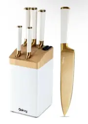 NEW Gold White Kitchen Knife Set w Block & Sharpener