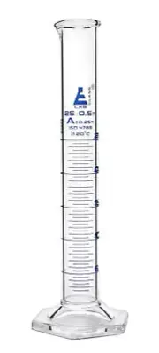 Eisco Labs 25ml Graduated Cylinder, Class A - Blue Graduations, Hexagonal Base