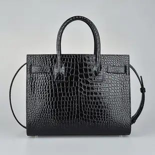 YSL SAINT LAURENT SAC DE JOUR 燙銀LOGO亮面鱷魚紋牛皮開口式手風琴手提斜背包(展示品/黑