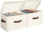 [StorageWorks] Fabric Storage Bins with lid, Decorative Boxes for Shelves, Closet Organizer Basket with Handles, Large, Ivory White, 2-Pack