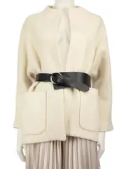 Cream Wool Leather Belt Detail Coat