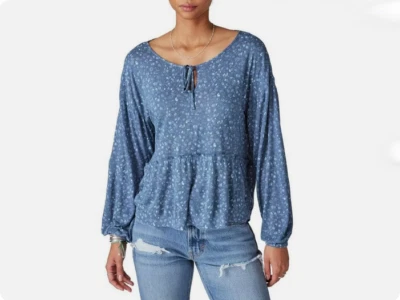 Lucky Brand Womens L Blue Small Floral Print Knit Peasant Top NWT