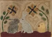 Primitive rug hooking kit, hooked, kissing bunnies, linen, wool
