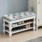 Modern Vintage Ottoman Solid Wood with Embroidery Storage Bench Shoe Changing Stool for Living Room Bedroom Entryway Hallway-White 50x30x48cm(20x12x19inch)