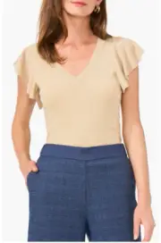 VINCE CAMUTO Top Womens Size L Gold Metallic Knit Flutter Sleeve V-Neck NWT