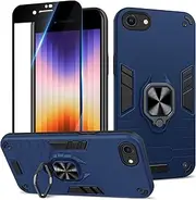 Btstring Case Compatible with iPhone SE 2022/2020/iPhone 7/8 with Screen Protector, Military Standard Shockproof Mobile Phone Case Hybrid Metal Ring Holder Protective Mobile Phone Cases Cover - Blue