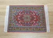 Dollhouse Rug Small Woven Fabric Red Gold 6 1/4" x 4" with Fringe 1:12 Scale