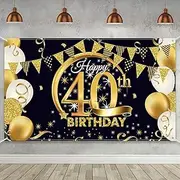 Roveking 40th Birthday Party Decoration, Extra Large Fabric Black Gold Sign Poster for 40th Anniversary Photo Booth Backdrop, 72.8 x 43.3 Inch