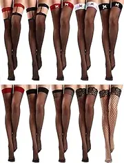 [Fourluoo] 10 Pairs Fishnet Thigh High Stocking Silicone Lace Top Sheer over Knee Stocking Silky Thigh High Socks for Women