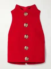 [Balmain] Balmain - Cropped Button-embellished Wool-blend Bouclé Top - Red - FR 40 FR 40 Red