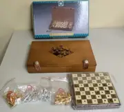 Travel 3 In 1 Game Set Chess Checkers Backgammon Wooden Travel Case Snap Closure