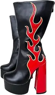 [Frankie Hsu] Sexy Unisex Chunky Block Knee High Heeled Wide Calf Long Boots, Black Red Fire Flame Classic Fashion Luxury Style, Big Large Size US4-14 Dressy Shoes For Women Men
