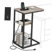 C Shaped End Table with Charging Station, Side Table for Couch, Small Greige