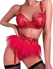 [Generic] Short Sleeve Christmas Pajamas for Couples Women Sexy Lingerie Mesh Flange Garter Belt Underwear Bra with Underwire Embroidery Three Piece Set Plus Size Lingerie Rompers for Women