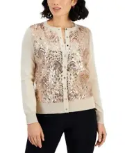 Jm Collection Petite Feather Sequin Party Cardigan Stone Combo SZ P/L