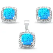 Cushion Cut Blue Opal & Cz Earring & Pendant .925 Sterling Silver Set