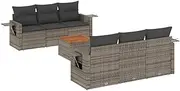 vidaxl Garden Sofa Set - 7 Piece Modular Design - Grey Poly Rattan Outdoor Furniture with Cushions - Acacia Tabletop - Storage Function - Patio, Deck, Terrace Seating
