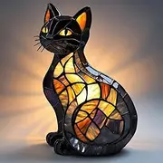 Cat Lamp, Stained Glass Cat Lamp, Retro Cat Stained Resin Table Lamp, Animal Table Lamp Series for Cat Lovers, Siamese Cat Night Light, Vintage Style Cats Series Art Night Light(A,8IN)