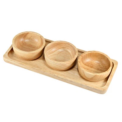 Triple Ramekin Cup and Snack Plate Brown Natural Rubber Tree Wooden Set