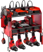 Garage 4-Drill Storage Shelf with Charging Station and Tool Hooks Organizer