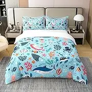 Underwater World 100% Cotton Duvet Cover 135 x 200, Cute Dolphin Shark Comforter Cover for Children, Colourful Sea Life Bedding Set, Squid Jellyfish Devil Fish Seahorse Sealife Bed Set, Blue