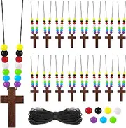 Kathfly DIY Wood Cross on Cord Wood Cross Pendant Necklace DIY Walnut Cross Necklace with Colorful Assorted Beads for Crafts for Men Women Boy Girl Children, 4.2 x 2.4 cm/ 1.6 x 0.9 inches, Wood, wood