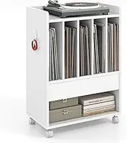 Giantex Record Player Stand, Rolling Turntable Stand with Drawer, Hook & Lockable Wheels, Vinyl Record Display Shelf Holds Up to 180 Albums, for Living Room Bedroom, White