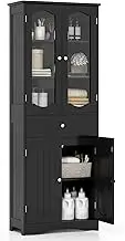 Giantex 160 cm Tall Bathroom Storage Cabinet, Freestanding Linen Cabinet with 2 Glass Doors, 2 Adjustable Shelves and 1 Drawer, Kitchen Pantry Cabinet or Living Room, Dining Room, Office, Black