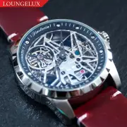 Mens Silver Automatic Mechanical Watch Dark Red Oil Waxed Leather Strap Gift