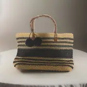Beige And Blue Striped Paper Straw Pom Pom Zip Top Handbag Beach New