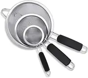 3 Pack Stainless Steel Extra Fine Double Mesh Strainers, Large, Medium & Small Sifters with Comfortable & Non Slip Handles, Ideal for Pasta, Rice, Tea, Spaghetti, Quinoa, Baking