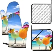 4 pcs Oven Mitts and Pot Holders Set 500°F Heat Resistant Oven Gloves and Hot Pads Kitchen Mittens Tropical Beach Drink Cooking Gloves Potholders for Baking Grilling