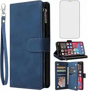 Asuwish Compatible with iPhone Xs Max Wallet Case Tempered Glass Screen Protector and Flip Cover Card Holder Stand Cell Phone Cases for i X XR Xsmax 10x SX Xmax 10xs 10s 10 Plus Xmaxs Women Men Blue
