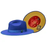 Bruno Capelo Men's Royal Blue / Gold Bottom Australian Wool Flat Brim Fedora Hat