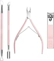 Cuticle Trimmer with Cuticle Pusher and Nail Clipper - 4 PCS Cuticle Cutter Nipper Remover Pedicure Manicure Tools, Professional Stainless Steel Dead Skin Clipper for Fingernails Toenails Pink