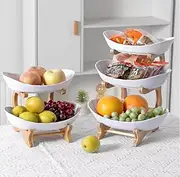 TRENDY MART-3 Tier Plastic Fruit, Vegetable Bowl with Bamboo Stand- Display stand for desert and candies- Multifunctional storage for kitchen and dining-Fruit and vegetable storage basket.