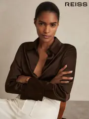 Reiss Chocolate Hailey Silk Double-Cuff Button-Through Shirt (AW4151) | $395