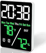 5.5 inch Large Digital Room Thermometer hygrometer Alarm Clock for Desk, Indoor Humidity and Temperature Measurement LED Display,Adjustable Brightness Clock with Alarms, Snooze,USB Input(green)