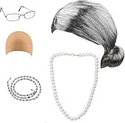 Weforu 5 Pcs/Set Old Lady Dress Up Set, Granny Costume Wig Adult Kid Halloween Masquerade Cosplay Party Witch Decoration Event 100 Days of School (Dark Gray Bun)