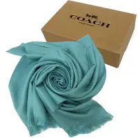在飛比找Yahoo奇摩購物中心優惠-COACH 經典C LOGO羊毛流蘇絲巾圍巾禮盒(淺藍)