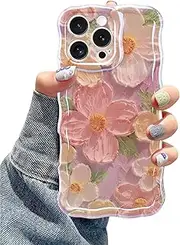 Jusy Case for iPhone 11 Pro Max, Colorful Retro Oil Painting Printed Flower Laser Blue Glossy Pattern Cute Curly Wave Phone Case Soft TPU Cover for Girly Women - 2019 Pink