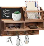 Key Holder Wall Mount, Wooden Key Mail Holder with Chalkboard Mirror Greeting Ca