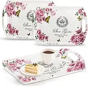 ZEAYEA 3 Pack Melamine Serving Tray, Large Serving Platter with Handle for Eating, 16" x 11.4" Rectangular Stackable Food Tray with Floral Print for Home, Party, Restaurant, Picnic