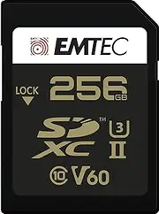 EMTEC - SDXC UHS-II U3 V60 SpeedIN Pro+ ECMSD256GUHS2V60 - Memory Card - Series Photos, Full HD, 3D, 4K, 8K UHD - Memory Capacity 256GB, 256GB - 2 Row PIN on The Back Black. Gold