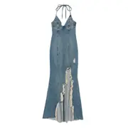 [Blumarine] Blumarine Halter-neck Frayed-hem Denim Dress 38 IT BLUE