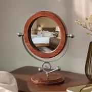 TOOLKISS Silver and Brown Vintage Solid Wood Makeup Mirror – 360° Rotating Desktop Vanity Mirror with Sturdy Metal Base, High-Definition Glass, Lightweight & Elegant Bathroom Mirror