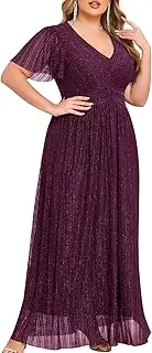 [ZOMVA] Plus Size Maxi Formal Dress Sparkly V-Neck A-line Ruffle Sleeves Evening Gown Cocktail Prom Glitter