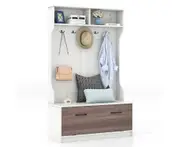 White 160cm Multifunctional Coat Rack with Storage Bench 5 Double Hooks