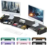 Dual Monitor Stand Riser w/ Drawer & Pen Holders Desktop Shelf Organizer Black