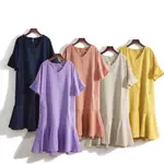 韓國CLIZY 果凍色系 喇叭袖荷葉裙襬棉麻洋裝 棉麻 洋裝 亞麻
